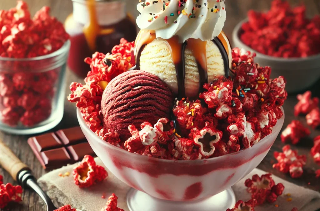 Red Velvet Cake Popcorn Sundae