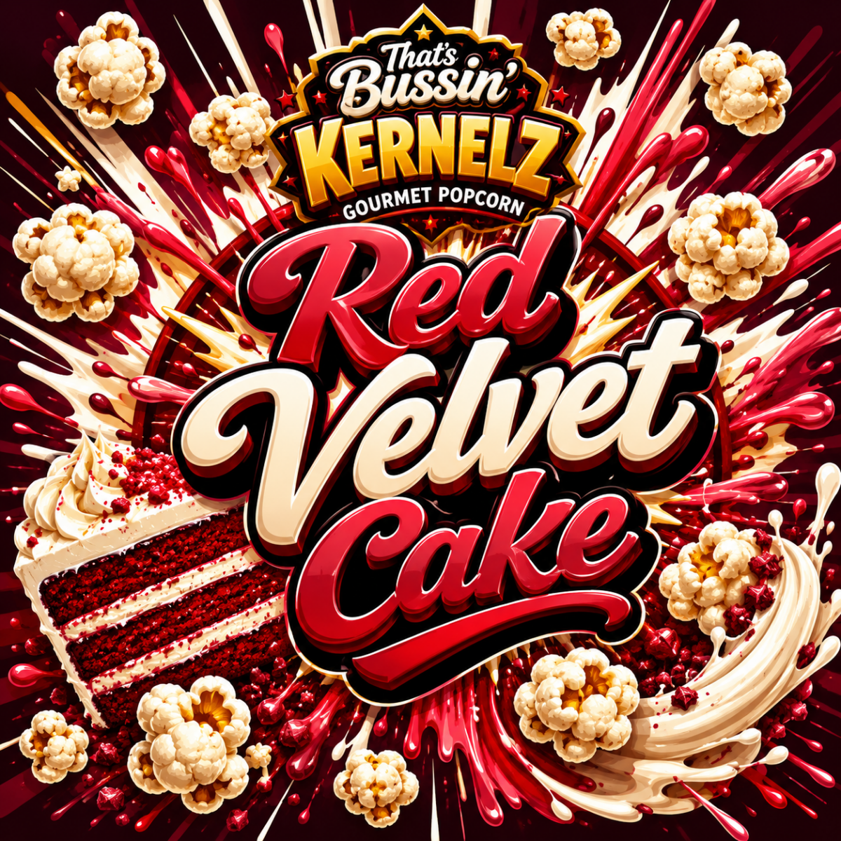Red Velvet Cake Kernelz Gourmet Popcorn Flavor Logo