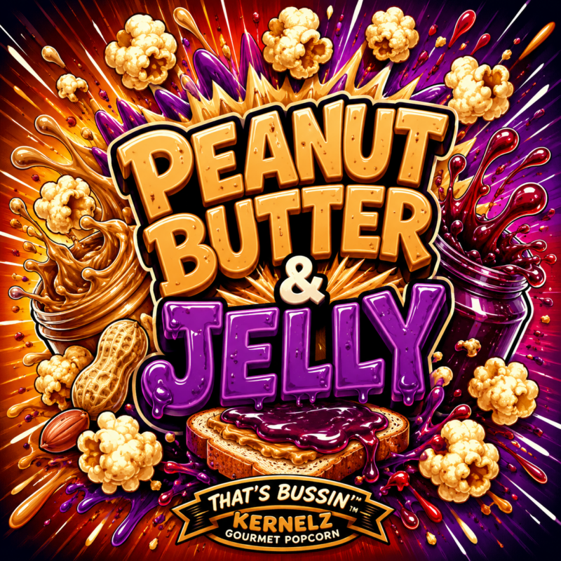 Peanut Butter and Jelly Kernelz Gourmet Popcorn Flavor Logo