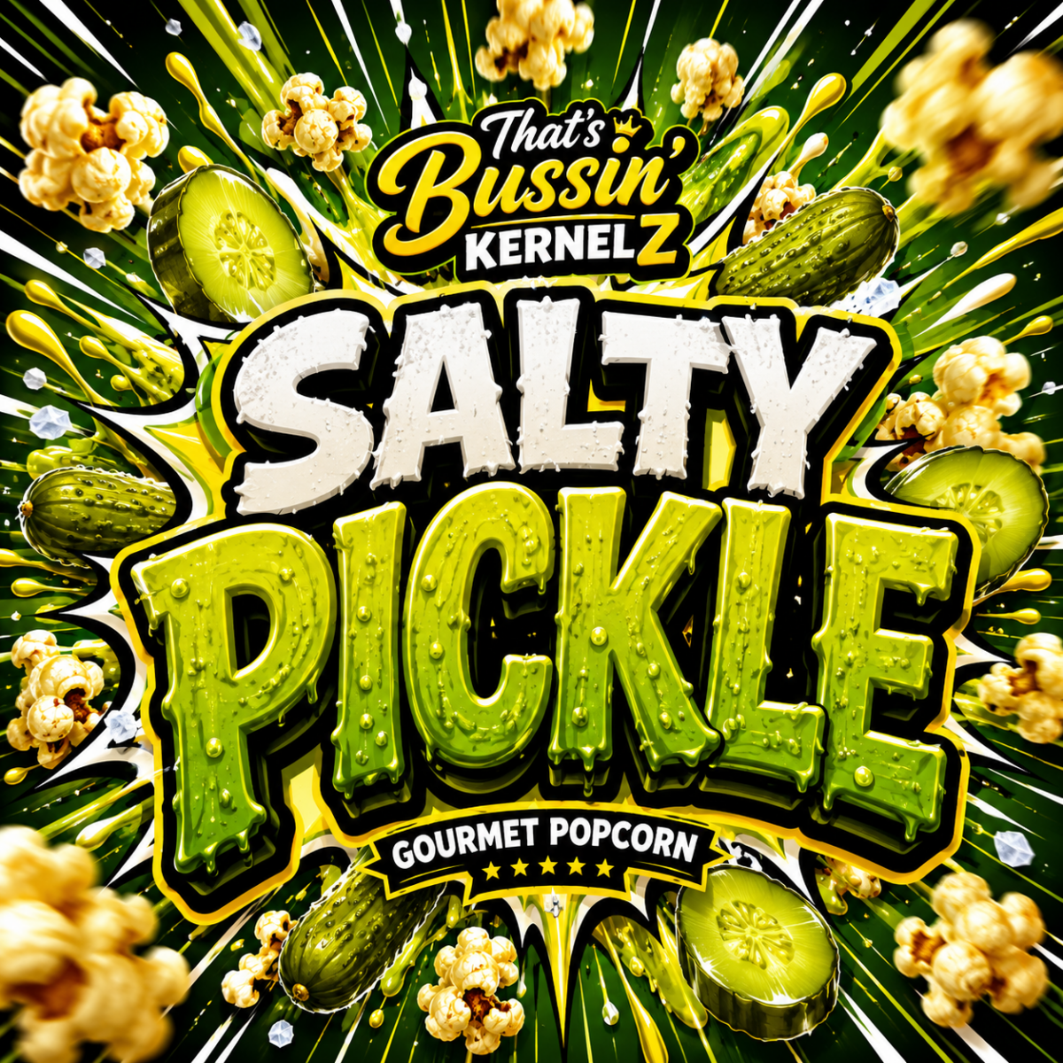 Salty Pickle Kernelz Gourmet Popcorn Flavor Logo