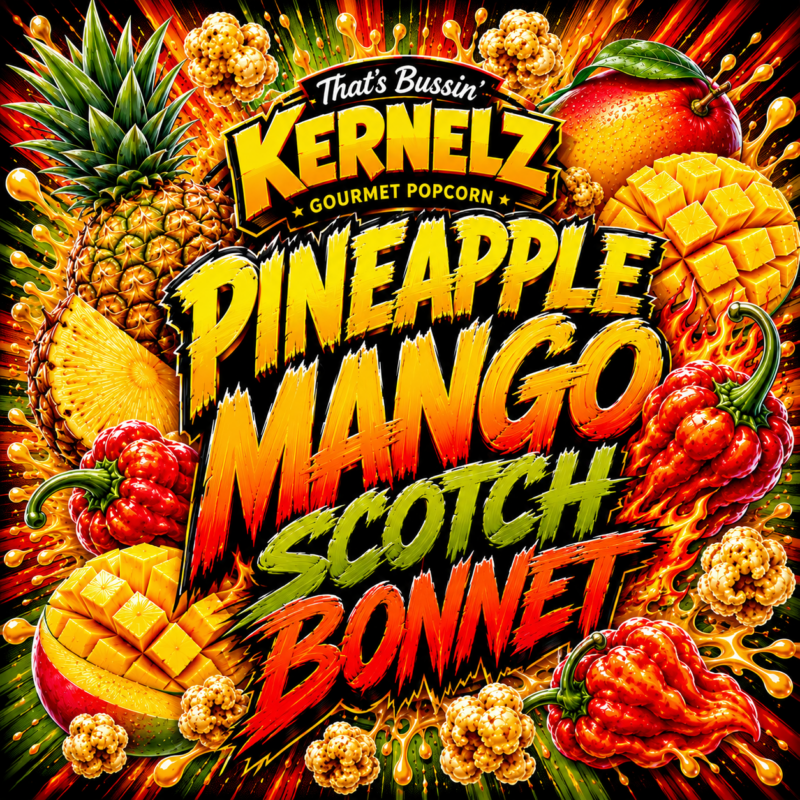 Pineapple, Mango, and Scotch Bonnet Pepper Kernelz Gourmet Popcorn Flavor Logo