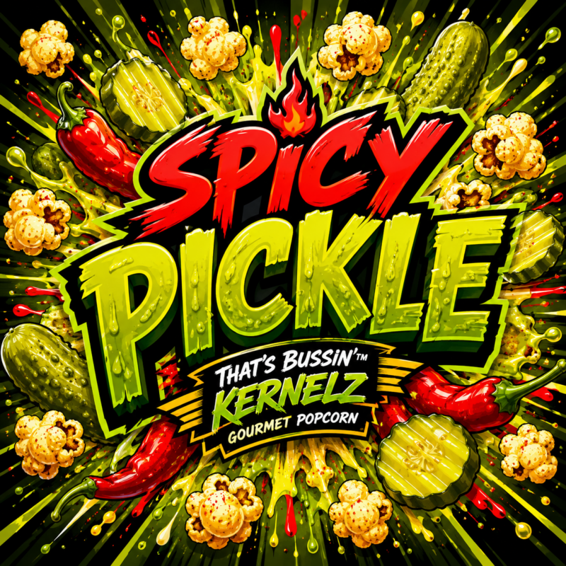 Spicy Pickle Kernelz Gourmet Popcorn Flavor Logo