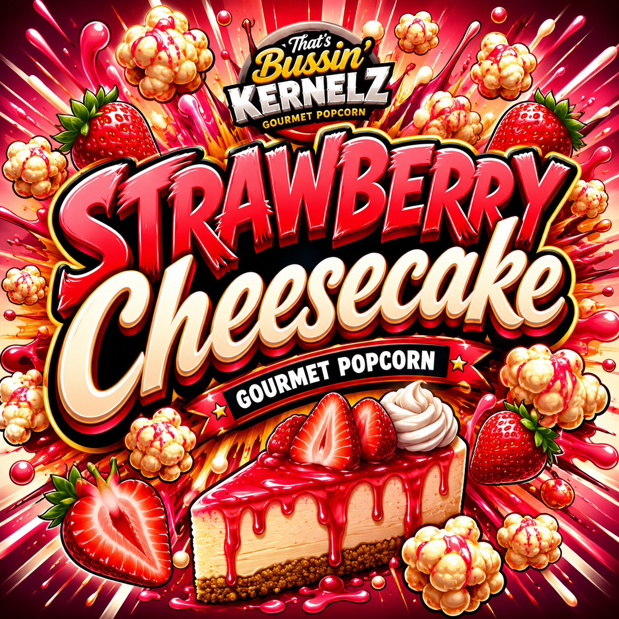 Strawberry Cheesecake Kernelz gourmet frozen popcorn flavor logo