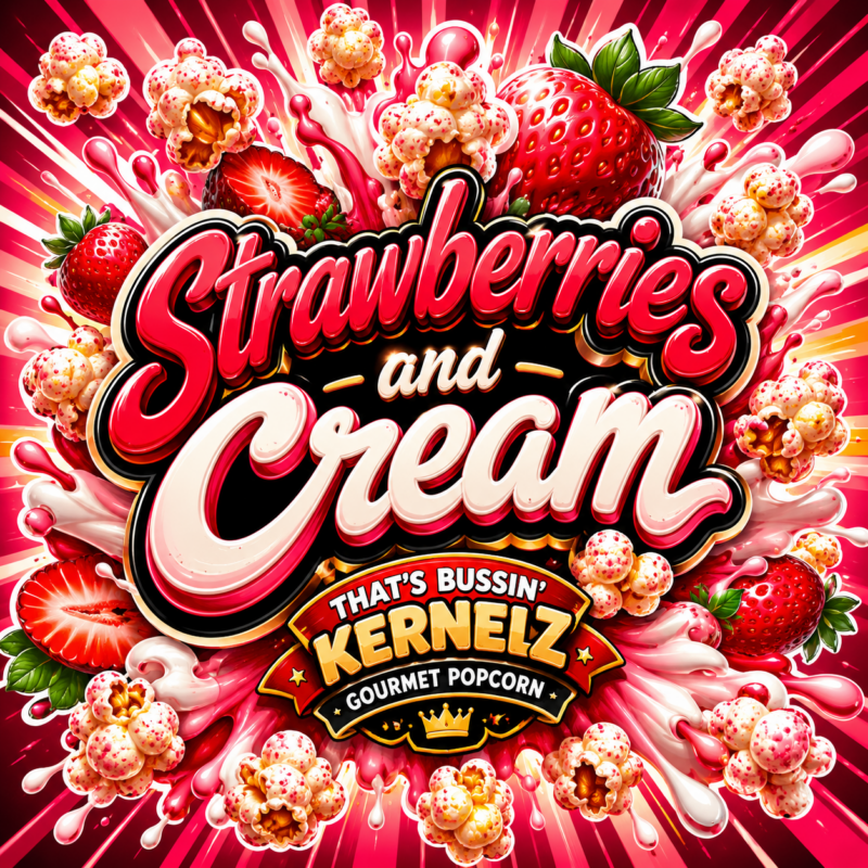 Strawberries and Cream Kernelz Gourmet Popcorn Flavor Logo
