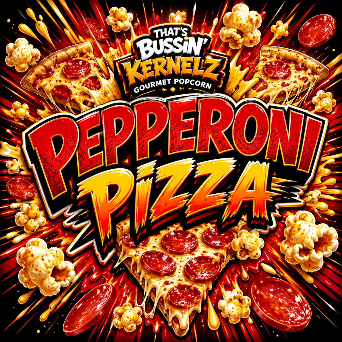 Pepperoni Pizza Kernelz Gourmet Popcorn Flavor Logo
