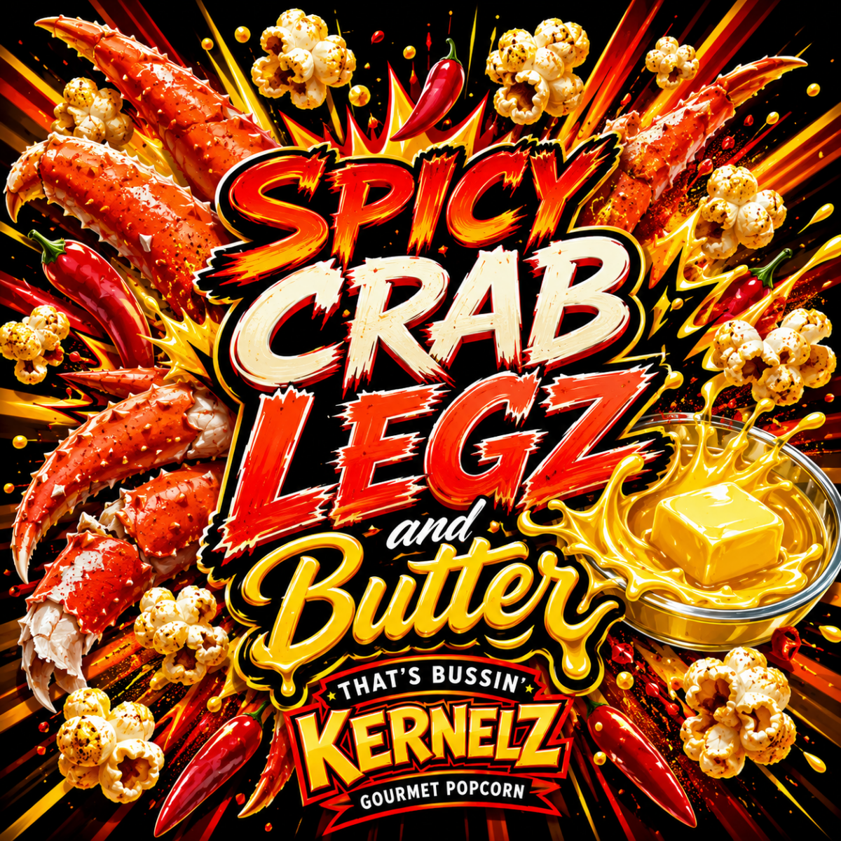 Spicy Crab Legz & Butter Kernelz Gourmet Popcorn Flavor Logo