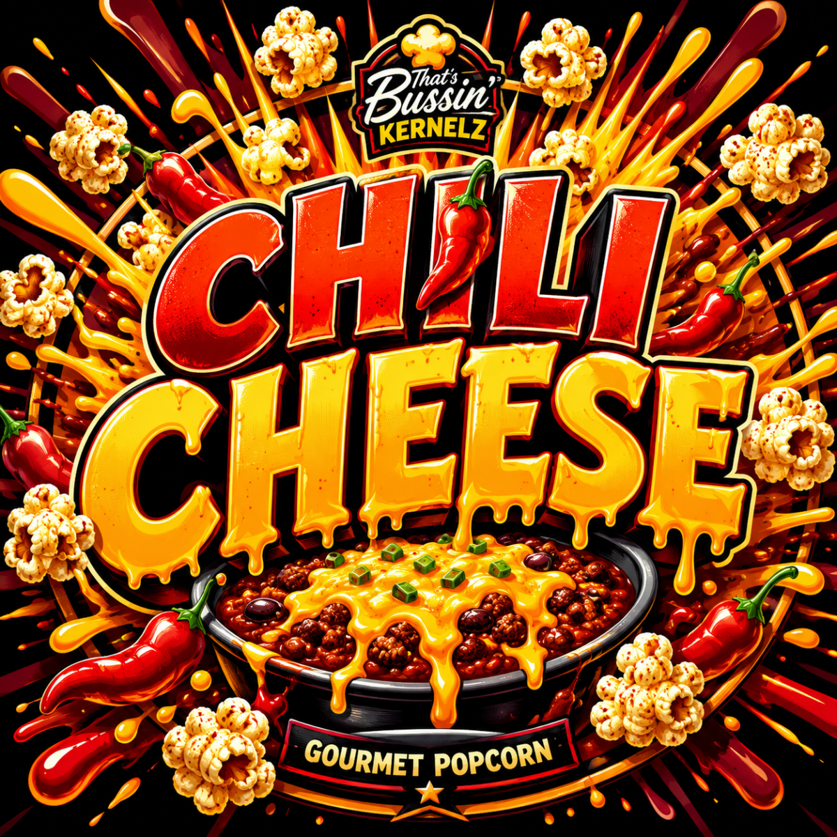 Chili Cheese Kernelz Gourmet Popcorn Flavor Logo