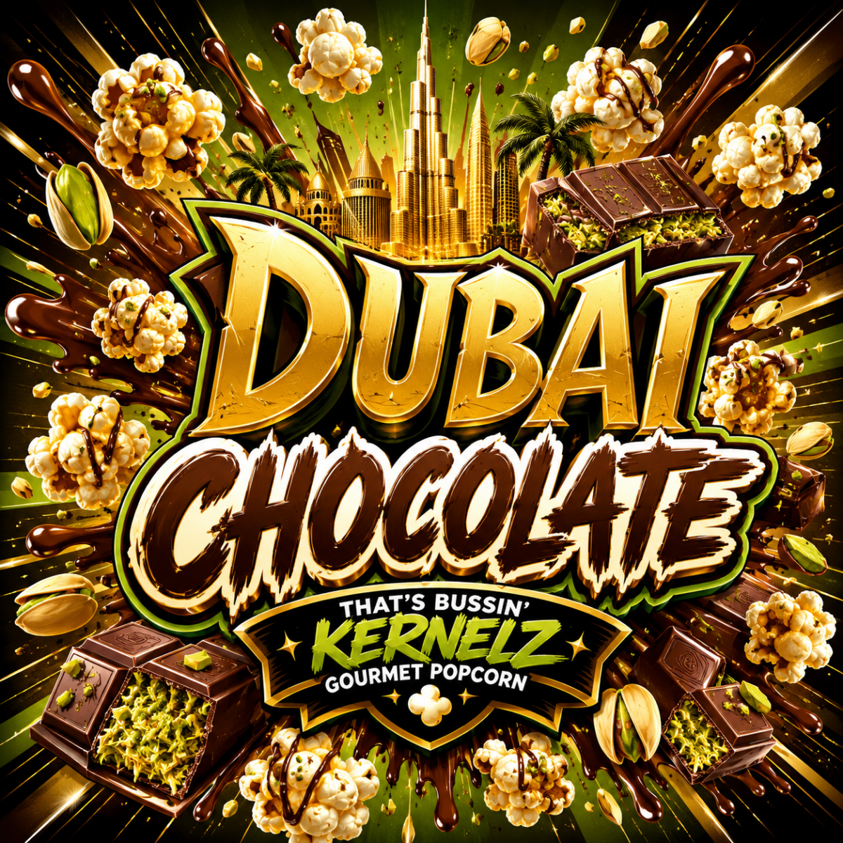 Dubai Chocolate Kernelz Gourmet Popcorn Flavor Logo
