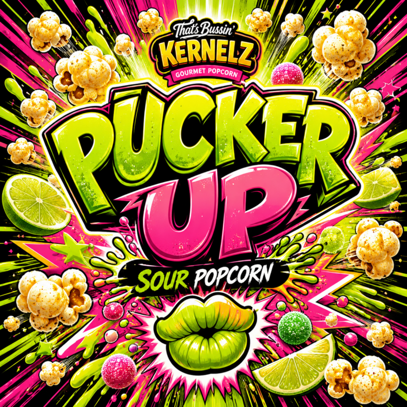 Pucker Up Kernelz Gourmet Popcorn Flavor Logo
