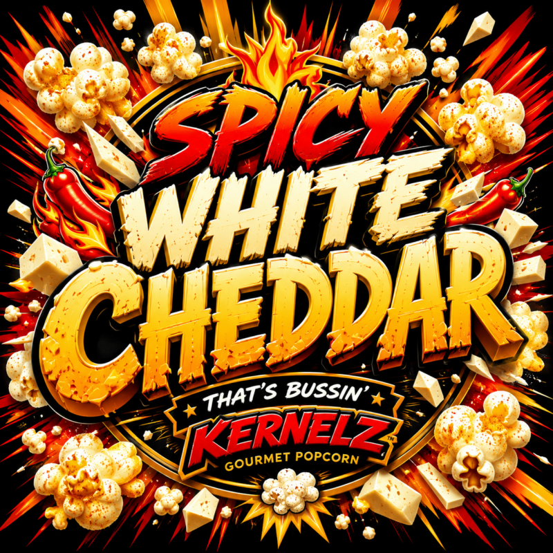 Spicy White Cheddar Kernelz Gourmet Popcorn Flavor Logo