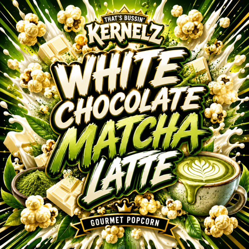 White Chocolate Matcha Latte Kernelz Gourmet Popcorn Flavor Logo