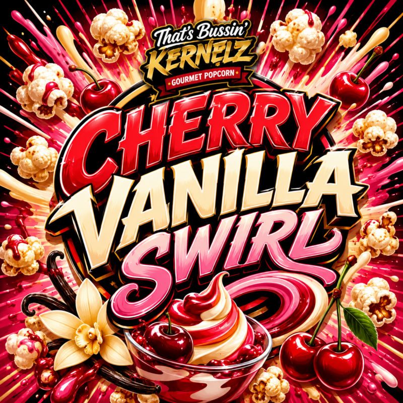 Cherry Vanilla Swirl Kernelz Gourmet Popcorn Flavor Logo