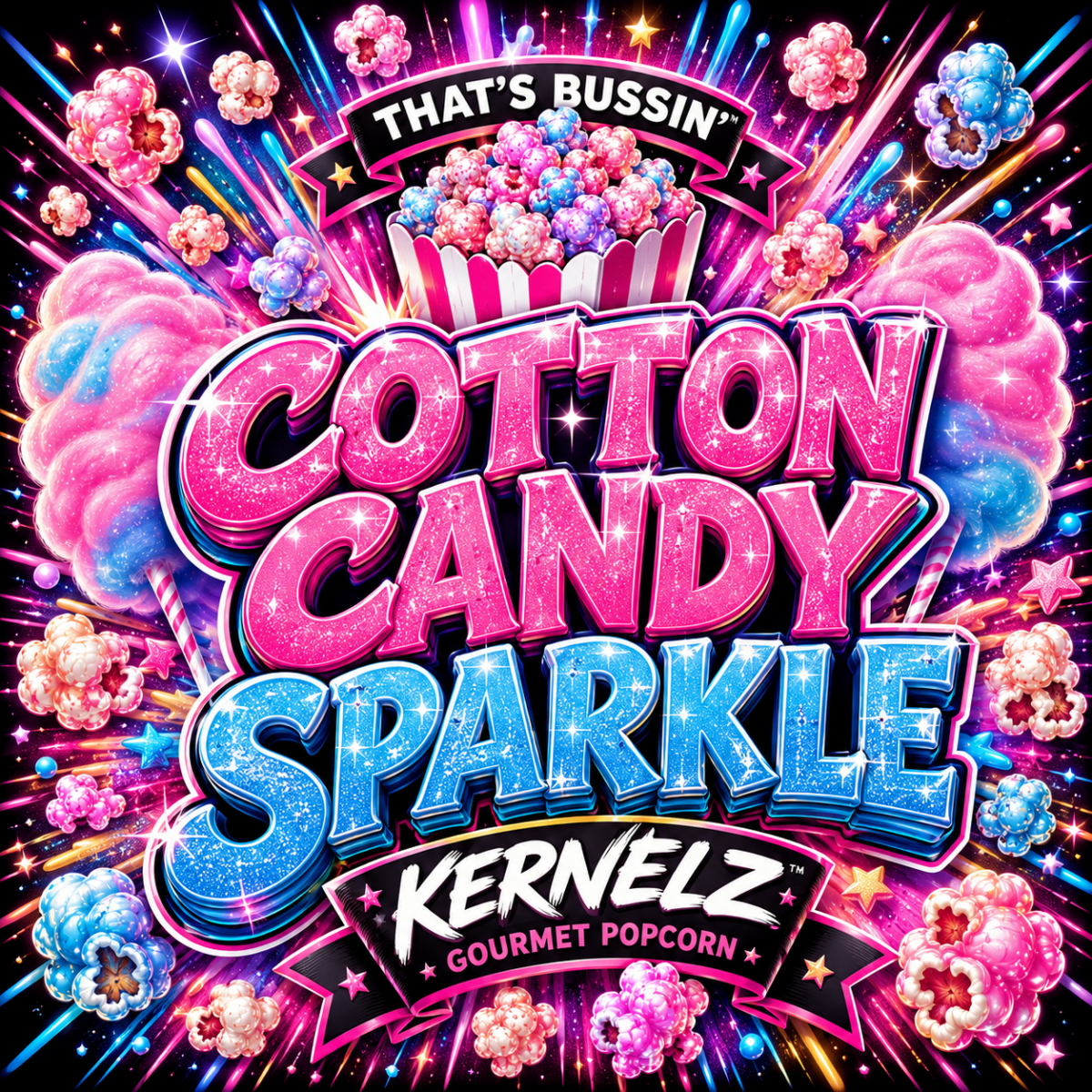Cotton Candy Sparkle Kernelz Gourmet Popcorn Flavor Logo