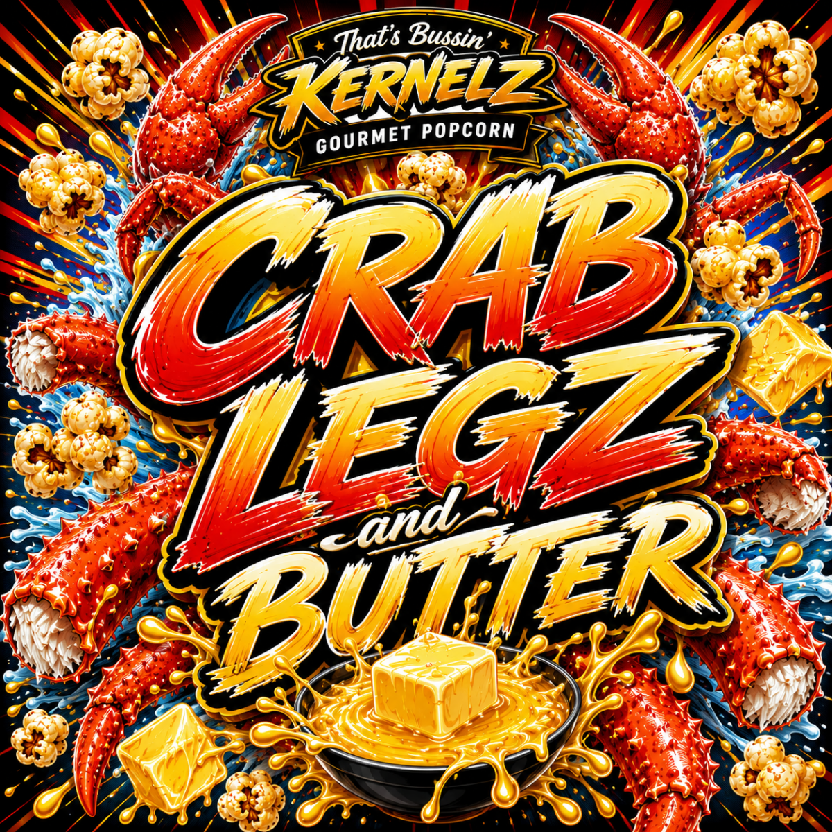 Crab Legz and Butter Kernelz Gourmet Popcorn Flavor Logo