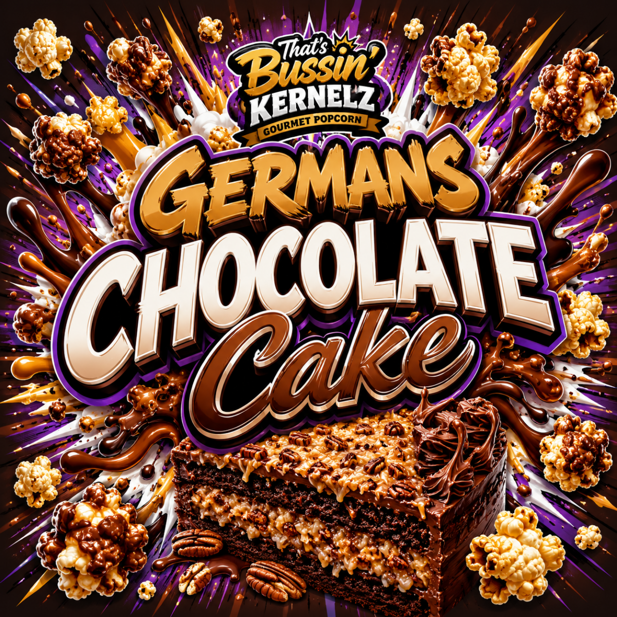 German Chocolate Cake Kernelz Gourmet Popcorn Flavor Logo